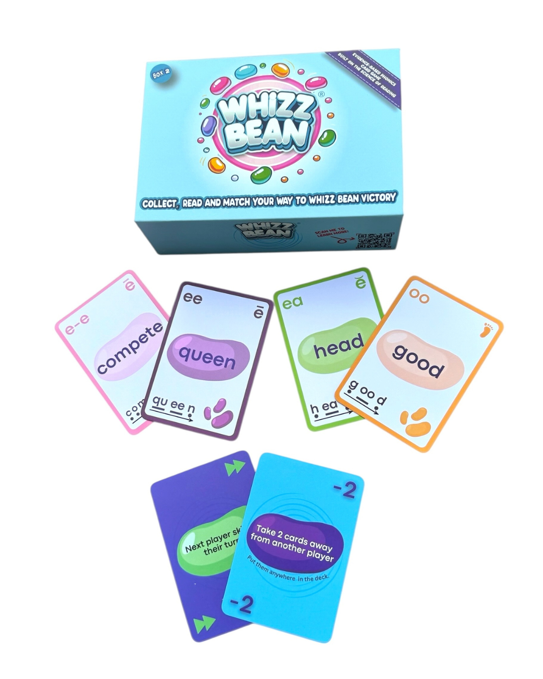 Whizz Bean card game box with sample cards on a white background