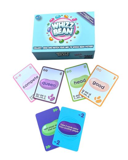 Whizz Bean card game box with sample cards on a white background