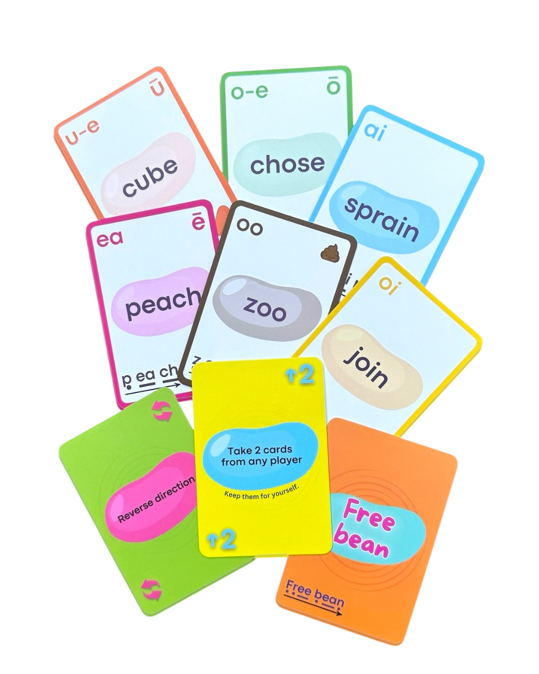 Colorful educational cards with phonetic words on a white background